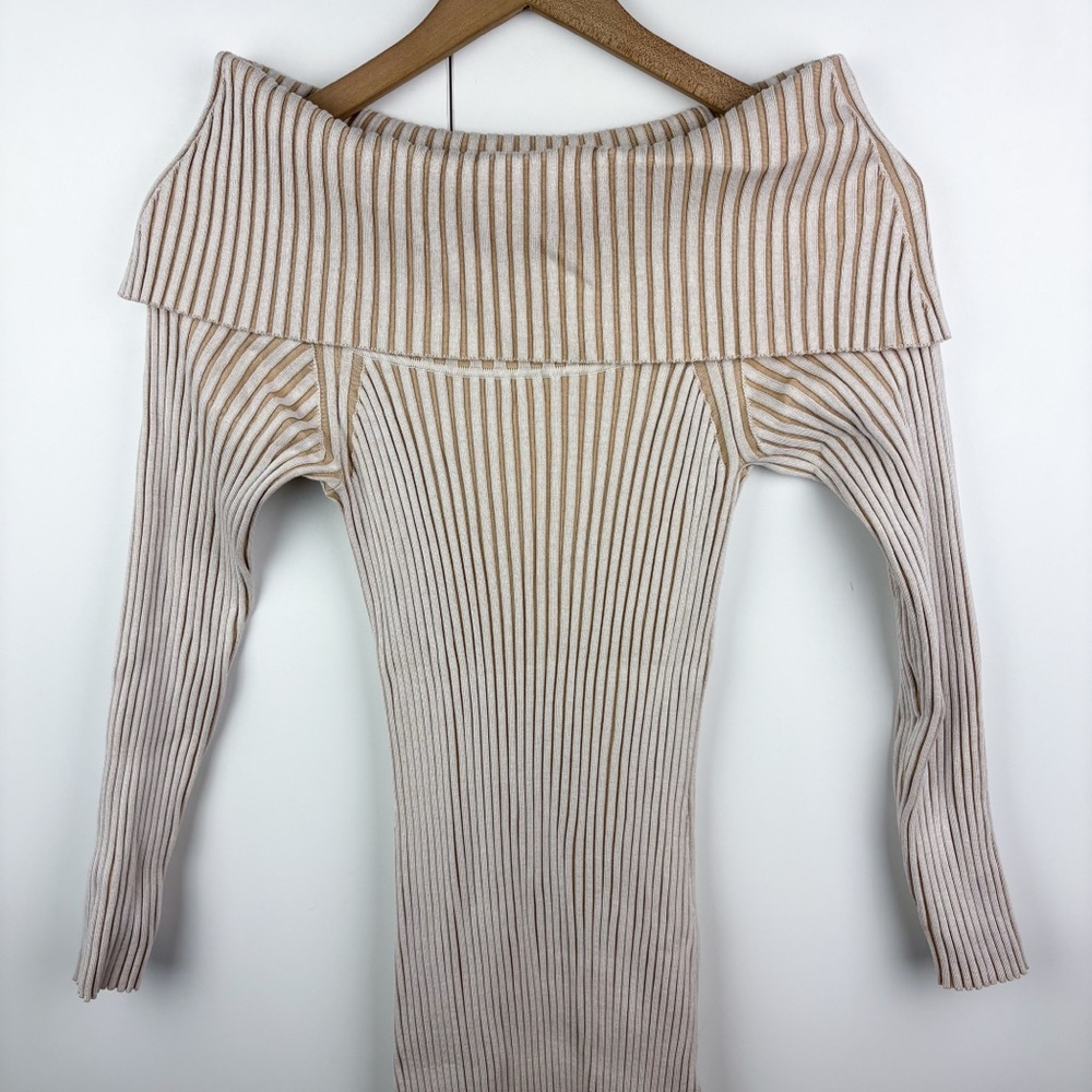 Anthropologie Ribbed Off the Shoulder Midi Sweater Dress Beige Cream Small - Picture 3 of 6